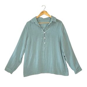 FRIDAZE Solid Aqua 100% Linen Button Up Casual Shirt Roll Tab Square Buttons XL